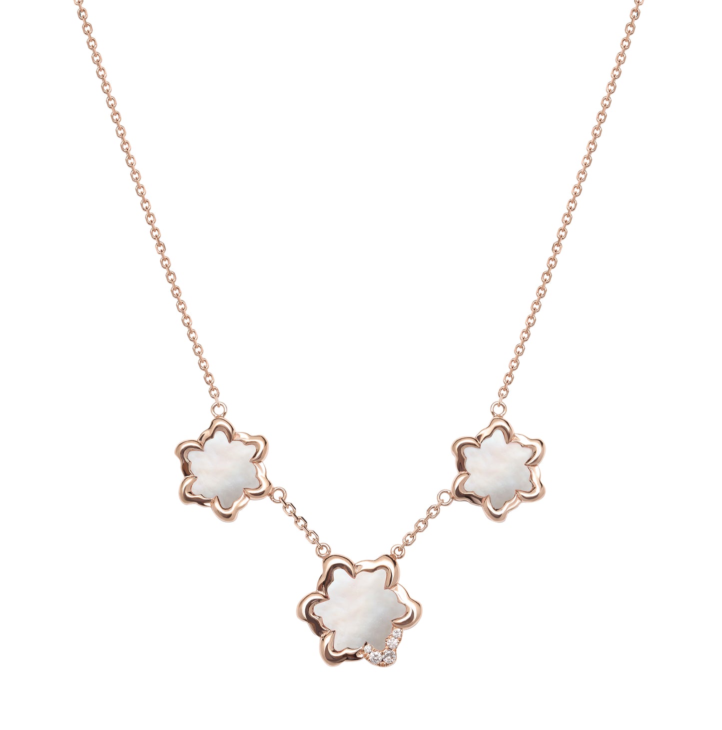 Gardenia 梔子花玫瑰金母貝鑽石項鍊 · 三朵梔子花